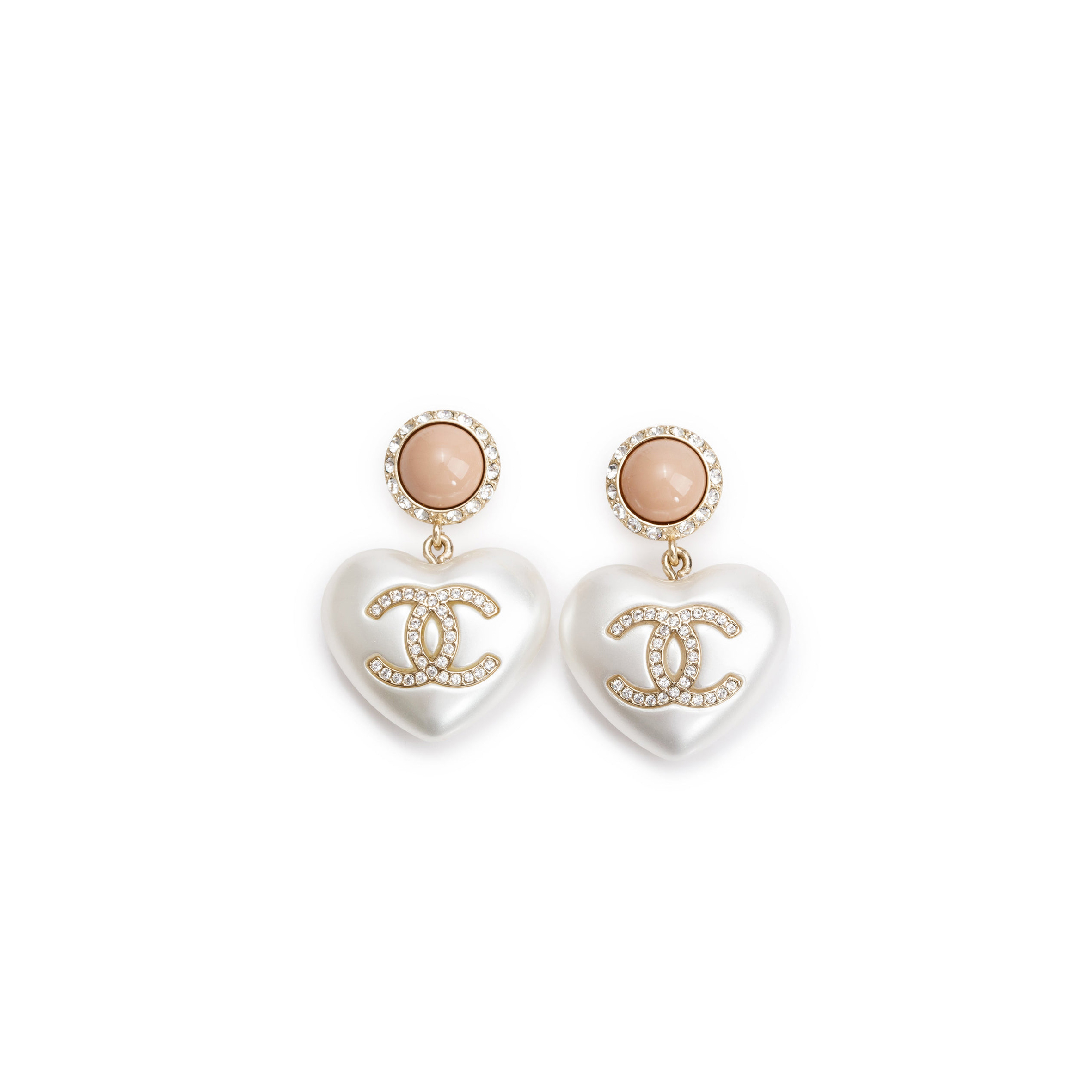 CHANEL GOLD PLATED FAUX PEARL STRASS CC HEART DROP EARRINGS 